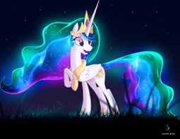 thumbnail of 2678332__safe_artist-colon-zidanemina_princess+celestia_alicorn_crown_ethereal+mane_ethereal+tail_female_glowing+mane_grass_happy_jewelry_mare_night_open+mouth_.jpg