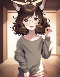 thumbnail of highres, 1 girl, solo, child, big fox ears, animal ear fluff, brown hair, glasses, messy hair, short hair, curly hair, baggy jumper, happy, s-2810868393.png