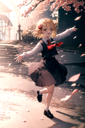 thumbnail of lolibooru 650106 black_footwear cherry_blossoms collared_shirt detailedproject hair_between_eyes looking_at_viewer outstretched_arm standing_on_one_leg touhou_project.png