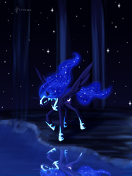 thumbnail of 1857089__safe_artist-colon-dalagar_nightmare+moon_alicorn_pony_female_mare_reflection_solo_stars_water.png