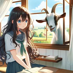 thumbnail of DALL·E 2024-03-14 18.22.12 - A serene anime-style scene featuring a girl with long, flowing hair seated beside an open window. Outside, a curious goat sticks its head through the .webp