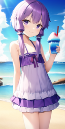 thumbnail of masterpiece, {yuzuki yukari}, purple hair, short hair with long locks, outdoors,beach, flat chest, smile, frilled swimsuit, frilled skirt, shaved ice, s-3825995100.png