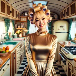 thumbnail of DALL·E 2024-04-05 18.26.59 - A blonde Japanese teenage stepford wife with a round face, standing in a 1950's caravan kitchen, wearing a gold satin long sleeve turtleneck dress and.webp