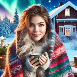 thumbnail of DALL·E 2024-02-28 23.02.25 - A young Finnish woman sitting outside on a snowy day, wrapped in a warm, colorful woolen blanket. She is enjoying a hot cup of coffee, steam visibly r.webp