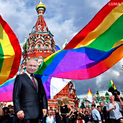 thumbnail of Man walking to the camera on the Red Square Pride Parade while holding and waving the rainbow flag.-5154d8.mp4