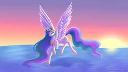 thumbnail of 2831213__safe_artist-colon-sunriseauburn_derpibooru+import_princess+celestia_alicorn_pony_female_flying_mare_ocean_sky_solo_solo+female_spread+wings_sunset_wate.jpg