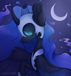 thumbnail of 2362907__safe_artist-colon-occultusion_nightmare+moon_alicorn_pony_crescent+moon_curved+horn_female_helmet_hoof+shoes_horn_jewelry_mare_moon_night_raised+hoof_r.png