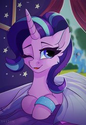 thumbnail of 2090768__safe_artist-colon-shadowreindeer_starlight+glimmer_trixie_bracelet_cute_female_glimmerbetes_mare_morning_one+eye+closed_pony_prone_solo+focus_.jpeg