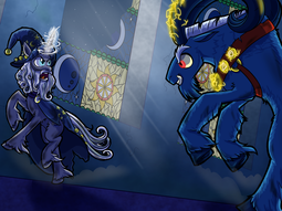 thumbnail of 2009541__safe_artist-colon-redahfuhrerking_grogar_star+swirl+the+bearded_castle+of+the+royal+pony+sisters_cracked+horn_evil+grin_fight_glowing+horn_gri.png