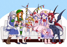 thumbnail of lolibooru 617471 crescent_hat_ornament cross-laced_footwear embodiment_of_scarlet_devil patchouli_knowledge puffy_short_sleeves vertical-striped_dress.png