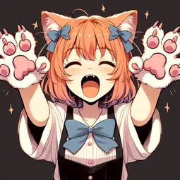 thumbnail of DALL·E 2024-03-02 18.33.28 - An anime-style catgirl with orange hair yawning or shouting, eyes closed, stretching her arms forward with hands open showing off cute claws and pink .webp