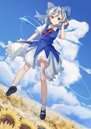 thumbnail of lolibooru 597078 blue_sky bo_cota cloud cloudy_sky flower flying garden_of_the_sun highres light_smile looking_at_viewer outdoors scenery sunflower touhou_project.jpg