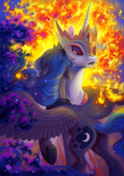 thumbnail of 1447441__safe_artist-colon-stasysolitude_daybreaker_princess+luna_a+royal+problem_alicorn_alternate+timeline_armor_crown_duo_ethereal+mane_featured+ima.png