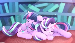 thumbnail of 2304077__safe_artist-colon-pone177_starlight+glimmer_twilight+sparkle_alicorn_pony_unicorn_eyes+closed_female_library_lying+down_lying+on+top+of+someone_mare_on.jpg