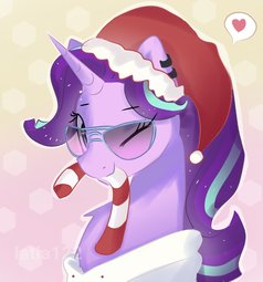 thumbnail of 2226853__safe_artist-colon-latia122_starlight+glimmer_pony_unicorn_candy_candy+cane_christmas_ear+piercing_earring_female_food_hat_holiday_jewelry_mare_one+eye+.jpg