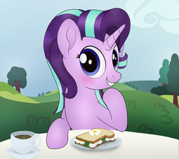 thumbnail of 2106726__safe_artist-colon-noosa_starlight+glimmer_blushing_bush_cafe_cute_date_female_food_glimmerbetes_looking+at+you_mare_pony_raised+hoof_sandwich_.png