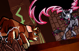 thumbnail of 2346589__safe_artist-colon-redahfuhrerking_arizona+cow_oleander_classical+unicorn_cow_unicorn_them27s+fightin27+herds_cloven+hooves_community+related_fight_leon.png