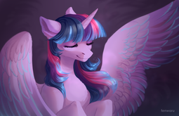 thumbnail of 2196292__safe_artist-colon-fenwaru_twilight+sparkle_alicorn_pony_eyes+closed_female_horn_mare_signature_simple+background_smiling_solo_spread+wings_twi.png