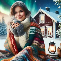 thumbnail of DALL·E 2024-02-28 23.40.02 - A young Finnish woman sitting outside on a snowy day, wrapped in a warm, colorful woolen blanket. She is enjoying a hot cup of coffee, steam visibly r.webp