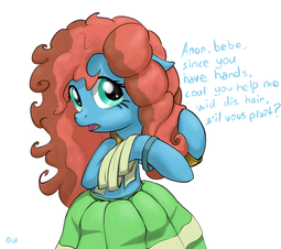 thumbnail of 1578157__safe_artist-colon-jh_meadowbrook_accent_alternate+hairstyle_bipedal_cajun+ponies_clothes_cute_dialogue_dress_earth+pony_head+turn_implied+anon.png