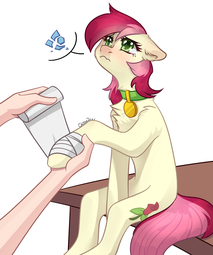 thumbnail of 2684370__safe_artist-colon-chibadeer_roseluck_earth+pony_human_pony_bandage_behaving+like+a+cat_broken+vase_chest+fluff_collar_crying_cute_female_fluffy_hand_ma.png