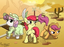 thumbnail of 2114706__dead+source_safe_artist-colon-rainihorn_apple+bloom_scootaloo_sweetie+belle_appleoosa27s+most+wanted_bow+28weapon29_clothes_cutie+mark+crusaders_desert.jpg