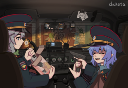 thumbnail of lolibooru 615898 alternate_costume eyewear_removed light_purple_hair looking_at_another rear-view_mirror remilia_scarlet textless_version translation_request.png