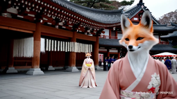 thumbnail of a fox lady kitsune kami standing outside a shinto temple during a festival.mp4