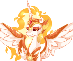 thumbnail of 1444798__safe_artist-colon-tina-dash-de-dash-love_daybreaker_a+royal+problem_alicorn_lidded+eyes_looking+at+you_mane+of+fire_pony_simple+background_smi.png