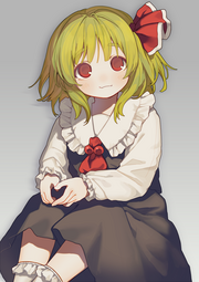 thumbnail of lolibooru 701293 feet_out_of_frame frilled_legwear frilled_shirt_collar grey_background looking_at_viewer own_hands_together simple_background touhou_project.png