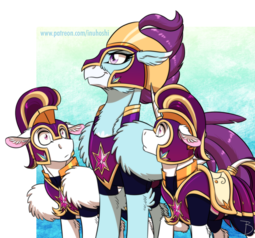 thumbnail of 1953780__safe_artist-colon-inuhoshi-dash-to-dash-darkpen_stratus+skyranger_armor_chest+fluff_classical+hippogriff_clothes_confident_curved+horn_floppy+.png