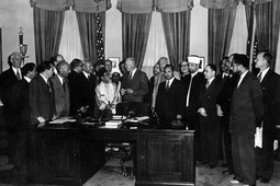 thumbnail of President Dwight D. Eisenhower in the Oval Office with Muslim delegates 1953 Said Ramadan second from the right.jpg