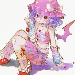 thumbnail of lolibooru 587713 baggy_socks bare_shoulders heart_necklace looking_at_viewer nail_polish purple_hair red_footwear remilia_scarlet small_breasts touhou_project.jpg