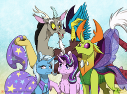 thumbnail of 1282991__safe_artist-colon-inuhoshi-dash-to-dash-darkpen_discord_starlight+glimmer_thorax_trixie_to+where+and+back+again_-colon-(_accessory+theft_cap.png