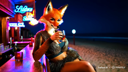 thumbnail of a cartoonish fox lady with fur clad body wearing a tight sport top and miniskirt drinking whisky at a bar on the beach at night.mp4