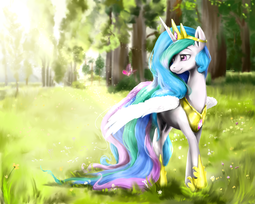 thumbnail of 1433118__safe_artist-colon-rossignolet_princess+celestia_alicorn_butterfly_pony_backlighting_bright_crepuscular+rays_crown_female_grass_looking+at+something_mar.png
