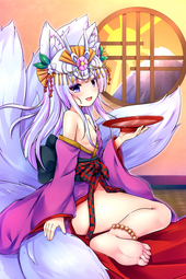 thumbnail of yande.re 342804 animal_ears feet kimono kitsune mitsuki_(puzzle_&_dragons) no_bra nopan open_shirt puzzle_&_dragons sake samoore tail.jpg