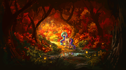 thumbnail of 2693552__safe_artist-colon-plainoasis_princess+celestia_alicorn_pony_beautiful_female_forest_looking+back_mare_missing+accessory_painting_reflection_scenery_sol.png