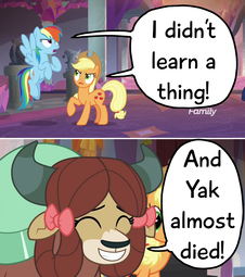 thumbnail of 1732087__safe_edit_edited+screencap_screencap_applejack_rainbow+dash_yona_non-dash-compete+clause_spoiler-colon-s08e09_bow_earth+pony_flying_hair+bow_i.png