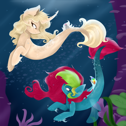 thumbnail of 2782214__safe_artist-colon-feathershine1_derpibooru+import_oc_oc+only_fish_pegasus_pony_seapony+28g429_unicorn_blue+wings_brown+eyes_bubble_clothes_coral_crepus.png