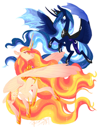 thumbnail of 1613798__safe_artist-colon-fatbot_princess+celestia_princess+luna_alicorn_alternate+design_duo_female_hybrid+wings_jewelry_looking+at+each+other_mare_p.png
