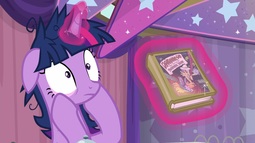 thumbnail of 2124798__safe_screencap_twilight+sparkle_a+trivial+pursuit_spoiler-colon-s09e16_alicorn_book_daring+do+and+the+sapphire+statue_floppy+ears_magic_messy+.jpeg