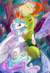 thumbnail of 2806756__safe_artist-colon-faultsunrise_princess+celestia_thorax_alicorn_changedling_changeling_pony_commission_ethereal+mane_feather_female_forest_grass_holdin.jpg