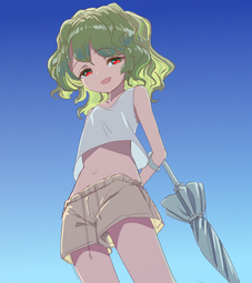 thumbnail of lolibooru 667435 alternate_costume arms_behind_back blue_background closed_umbrella gradient_background kazami_yuuka small_breasts touhou_project umbrella_on_arm.png