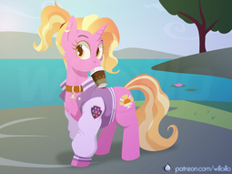 thumbnail of 2766211__safe_artist-colon-willoillo_derpibooru+import_luster+dawn_pony_unicorn_clothes_coffee_collar_ear+piercing_female_horn_jacket_letterman+jacke.png