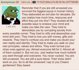 thumbnail of 4chan post, Reminder that if you are still unvaxxed you survived the biggest psyop in human history, You are still a pure blood, Cheers gentlemen!  Posted 2021-11-15.jpeg