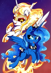 thumbnail of 1987167__safe_artist-colon-saralien_daybreaker_princess+luna_alicorn_chest+fluff_cute_duo_female_flying_galacon_mare_open+mouth_pony_sky_spread+wings_s.jpg