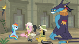 thumbnail of 2118877__safe_screencap_ahuizotl_daring+do_doctor+caballeron_fluttershy_rainbow+dash_daring+doubt_spoiler-colon-s09e21_earth+pony_female_hat_male_mare_.png