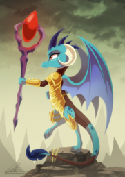 thumbnail of 1291637__safe_artist-colon-dvixie_princess+ember_gauntlet+of+fire_armor_bloodstone+scepter_dragon_dragon+lord+ember_female_missing+accessory_missing+sh.png