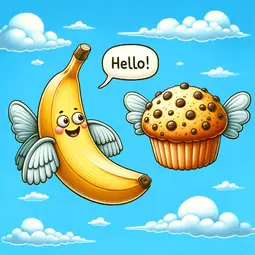 thumbnail of DALL·E 2024-05-15 10.15.33 - A whimsical scene of a flying banana and a flying muffin having a conversation in the sky. The banana has small wings attached to its sides and a frie.webp